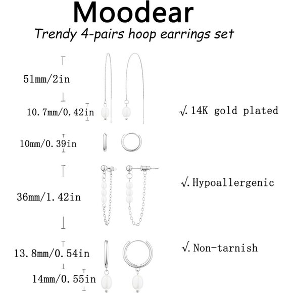 Dainty 14K Gold Plated 4 pearl chain set-SL Hoops Trendy Earring Set for Women - Picture 5 of 9